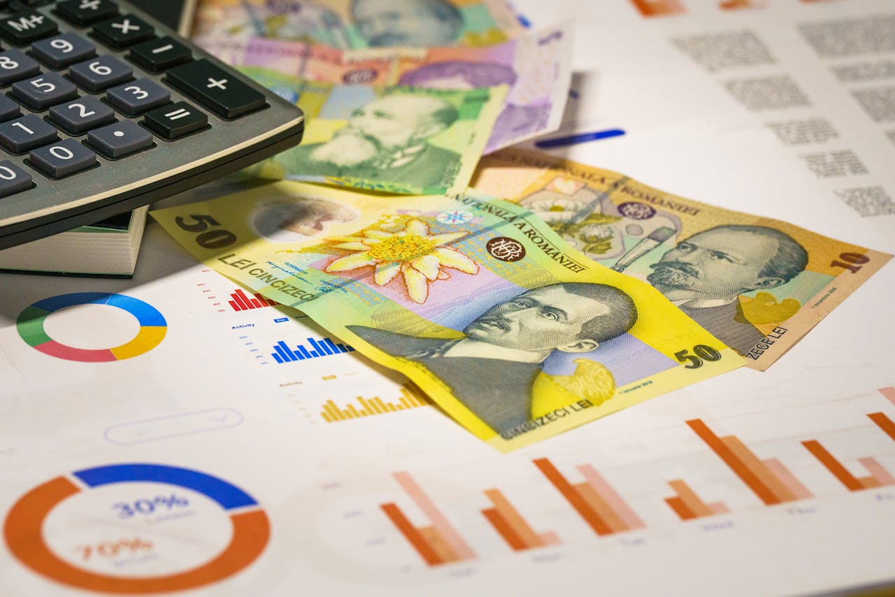 services-01 Romanian banknotes with graphs and calculator illustrating finance concepts.