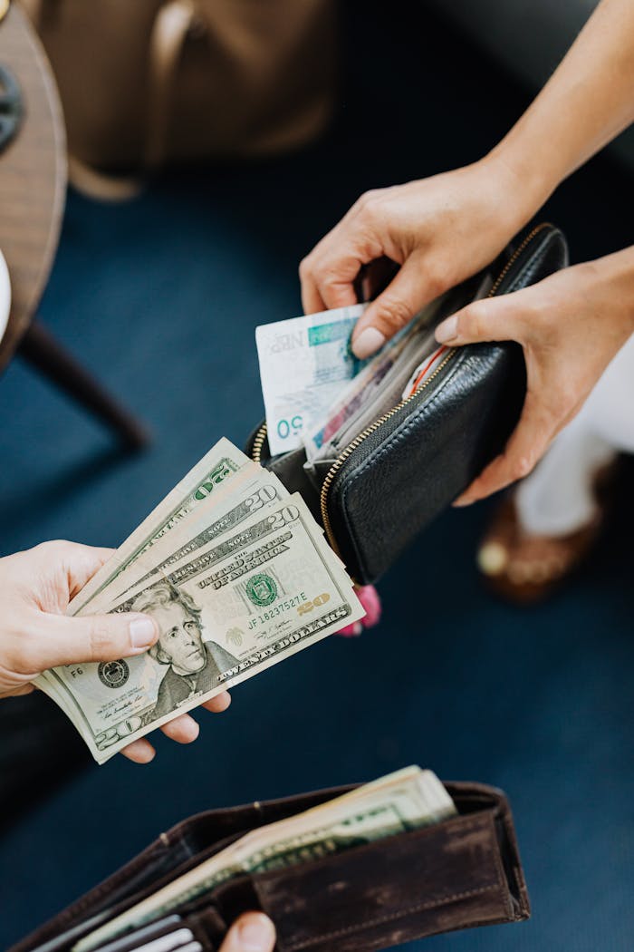 Close-up of hands exchanging various currency bills, highlighting money transactions.