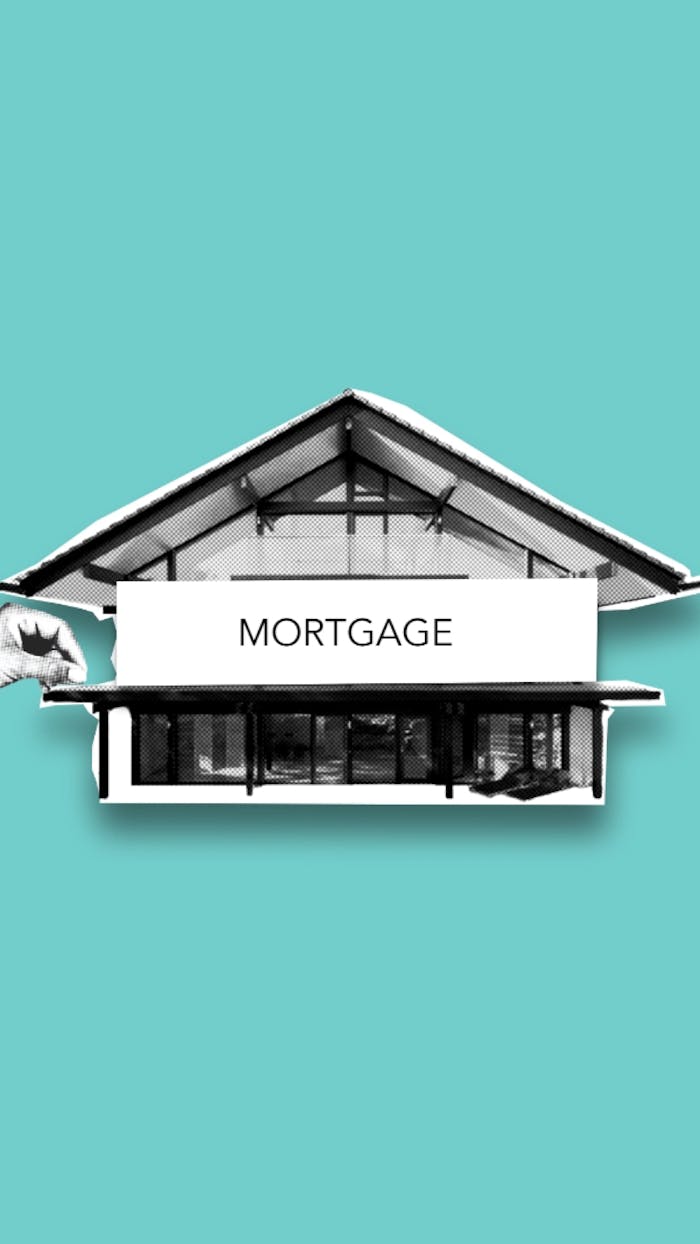 Cutout paper composition with modern residential house bought with mortgage on green background