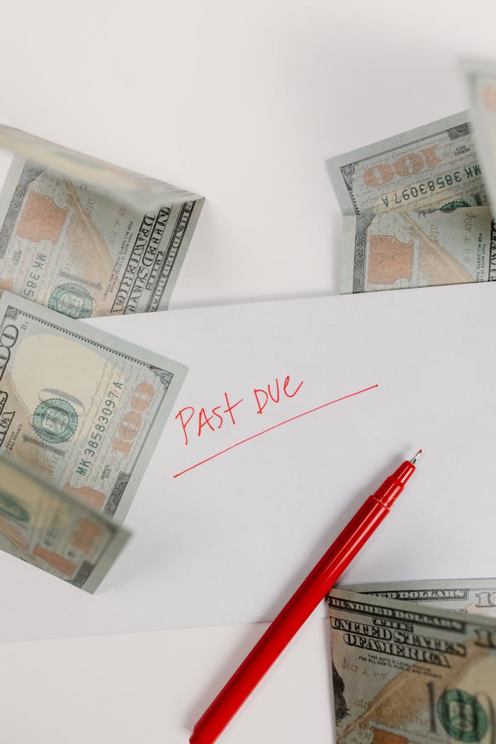 Envelope marked 'Past Due' surrounded by hundred-dollar bills and red pen on white background.